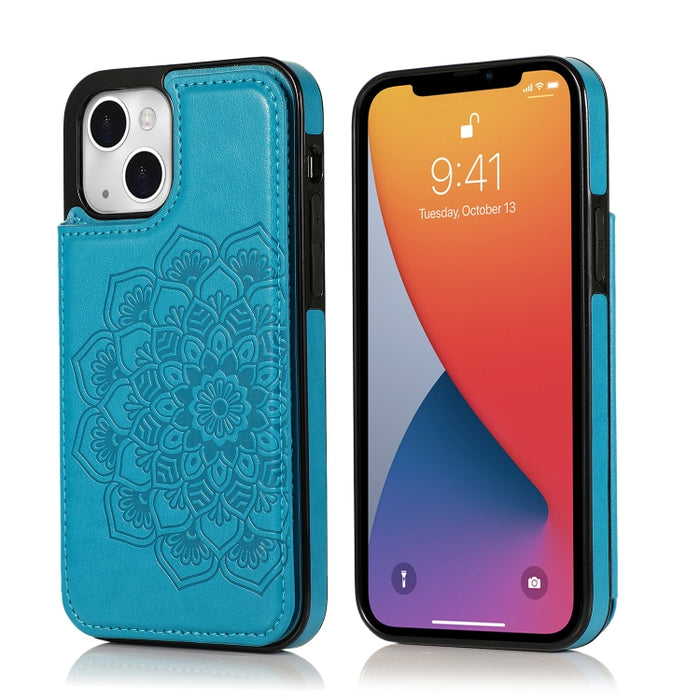 Estuche protector de PU + TPU con patrón de mandala de doble hebilla con ranuras para tarjetas y soporte y marco de fotos