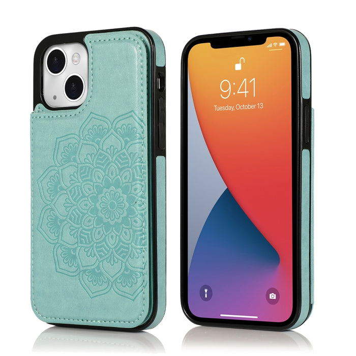 Estuche protector de PU + TPU con patrón de mandala de doble hebilla con ranuras para tarjetas y soporte y marco de fotos
