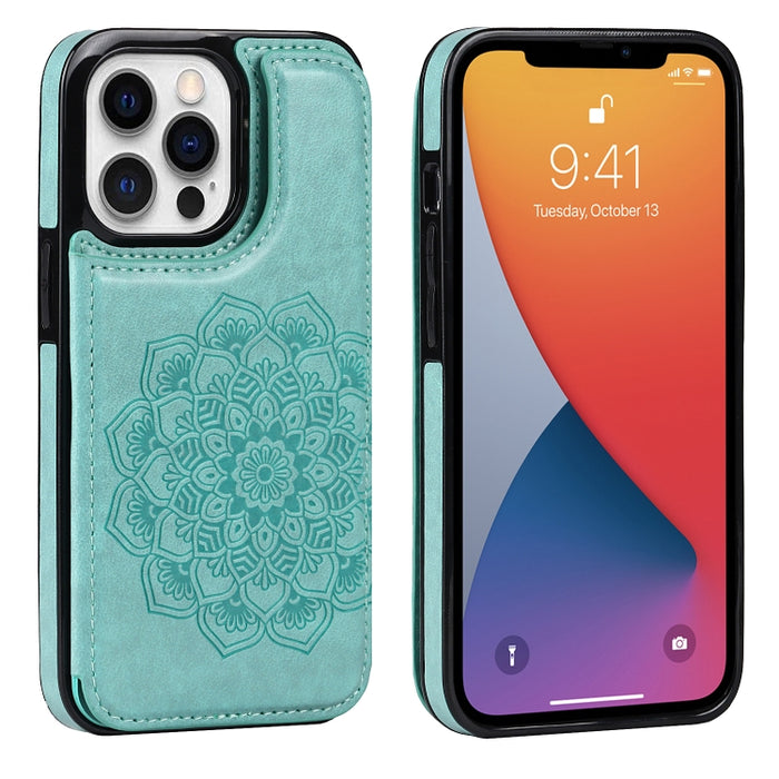 Estuche protector de PU + TPU con patrón de mandala de doble hebilla con ranuras para tarjetas y soporte y marco de fotos