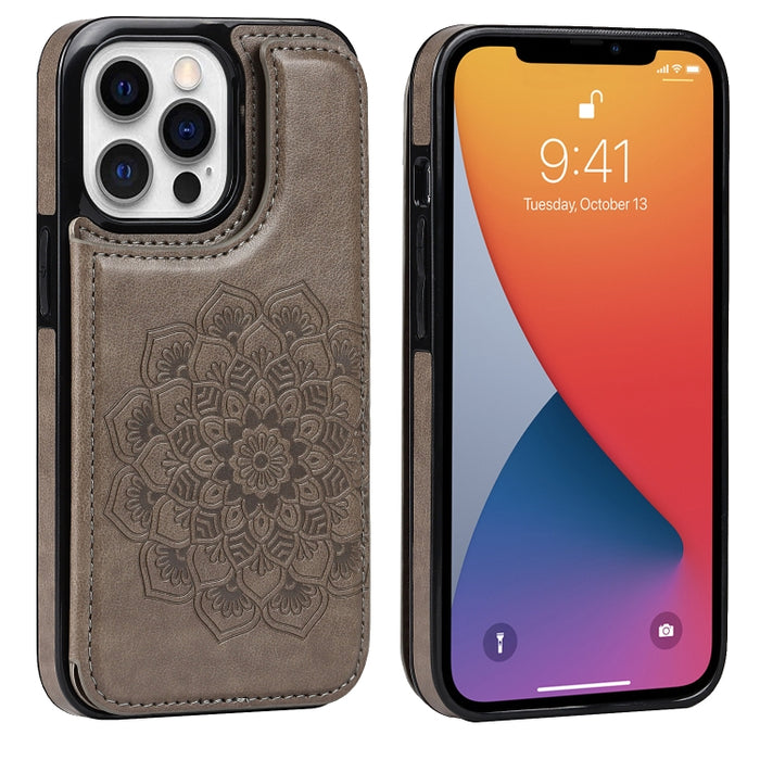 Estuche protector de PU + TPU con patrón de mandala de doble hebilla con ranuras para tarjetas y soporte y marco de fotos