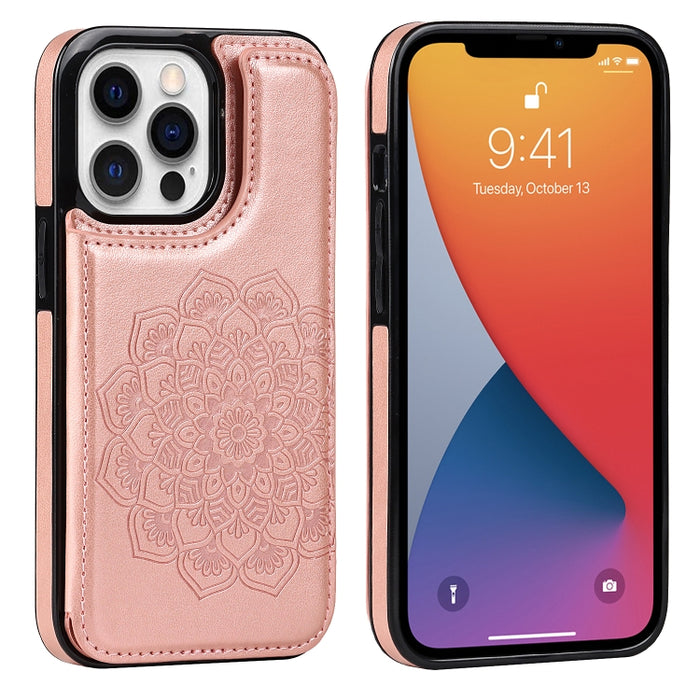 Estuche protector de PU + TPU con patrón de mandala de doble hebilla con ranuras para tarjetas y soporte y marco de fotos