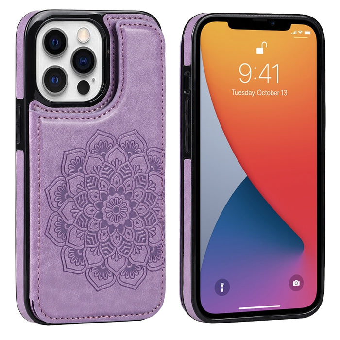 Estuche protector de PU + TPU con patrón de mandala de doble hebilla con ranuras para tarjetas y soporte y marco de fotos