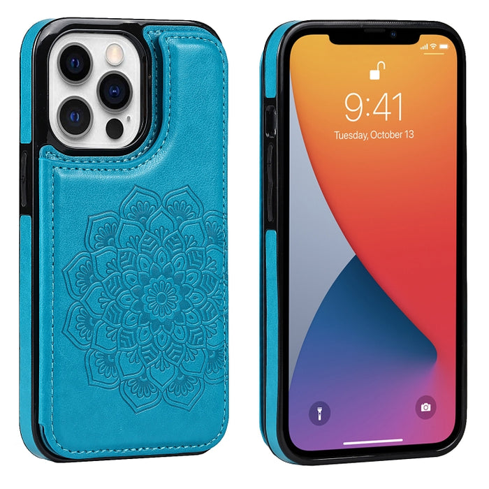 Estuche protector de PU + TPU con patrón de mandala de doble hebilla con ranuras para tarjetas y soporte y marco de fotos