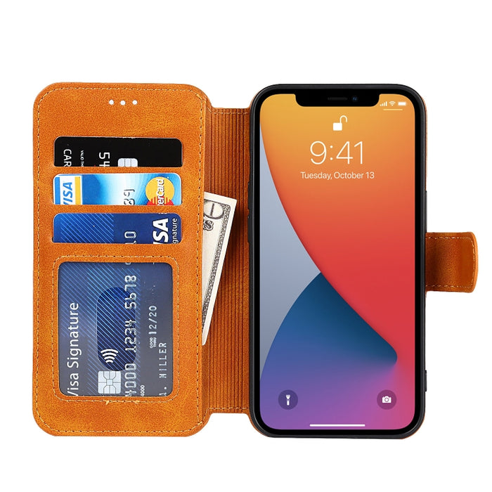 Estuche de cuero PU + TPU a prueba de golpes con ranuras para tarjetas y soporte y marco de fotos y billetera