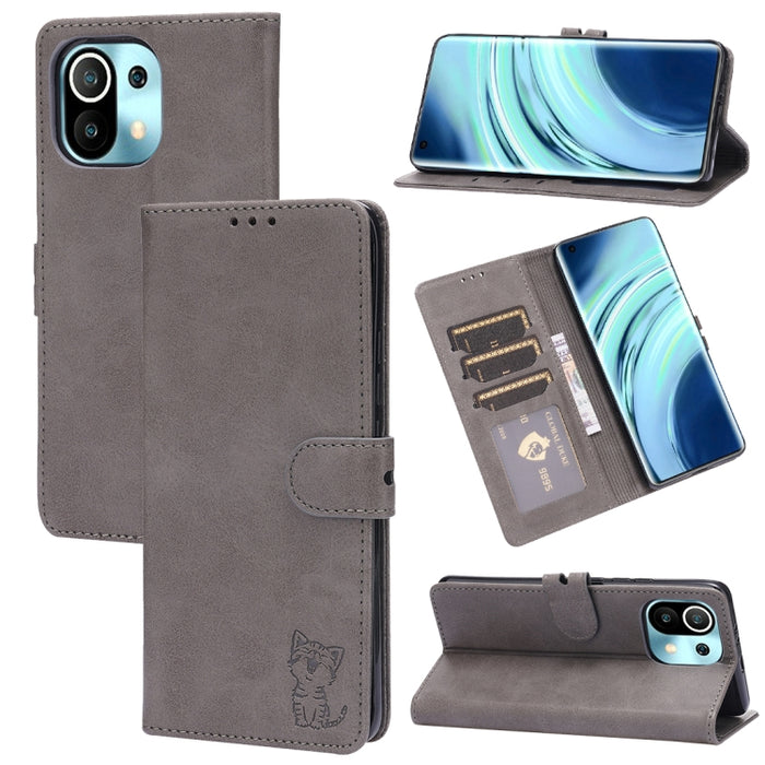 Estuche de cuero con tapa horizontal con patrón de gato feliz en relieve con soporte y ranuras para tarjetas y billetera, For Xiaomi Redmi Note 10 Pro 5G, For Xiaomi Redmi 10, For Xiaomi Mi 11, For Xiaomi Mi 11T, For Xiaomi Mi 11 Ultra                 ...