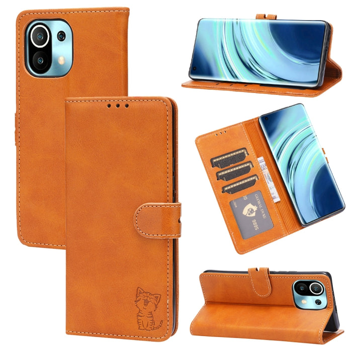 Estuche de cuero con tapa horizontal con patrón de gato feliz en relieve con soporte y ranuras para tarjetas y billetera, For Xiaomi Redmi Note 10 Pro 5G, For Xiaomi Redmi 10, For Xiaomi Mi 11, For Xiaomi Mi 11T, For Xiaomi Mi 11 Ultra                 ...