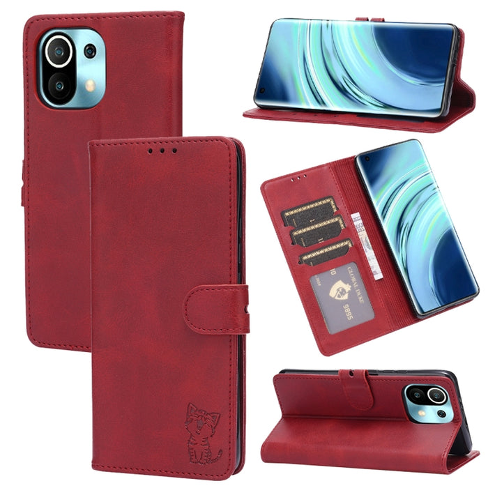 Estuche de cuero con tapa horizontal con patrón de gato feliz en relieve con soporte y ranuras para tarjetas y billetera, For Xiaomi Redmi Note 10 Pro 5G, For Xiaomi Redmi 10, For Xiaomi Mi 11, For Xiaomi Mi 11T, For Xiaomi Mi 11 Ultra                 ...