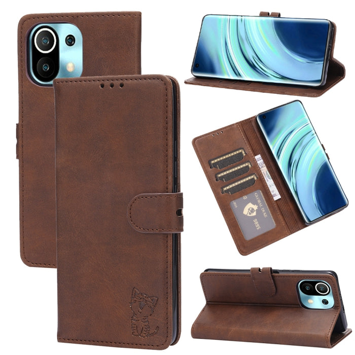 Estuche de cuero con tapa horizontal con patrón de gato feliz en relieve con soporte y ranuras para tarjetas y billetera, For Xiaomi Redmi Note 10 Pro 5G, For Xiaomi Redmi 10, For Xiaomi Mi 11, For Xiaomi Mi 11T, For Xiaomi Mi 11 Ultra                 ...