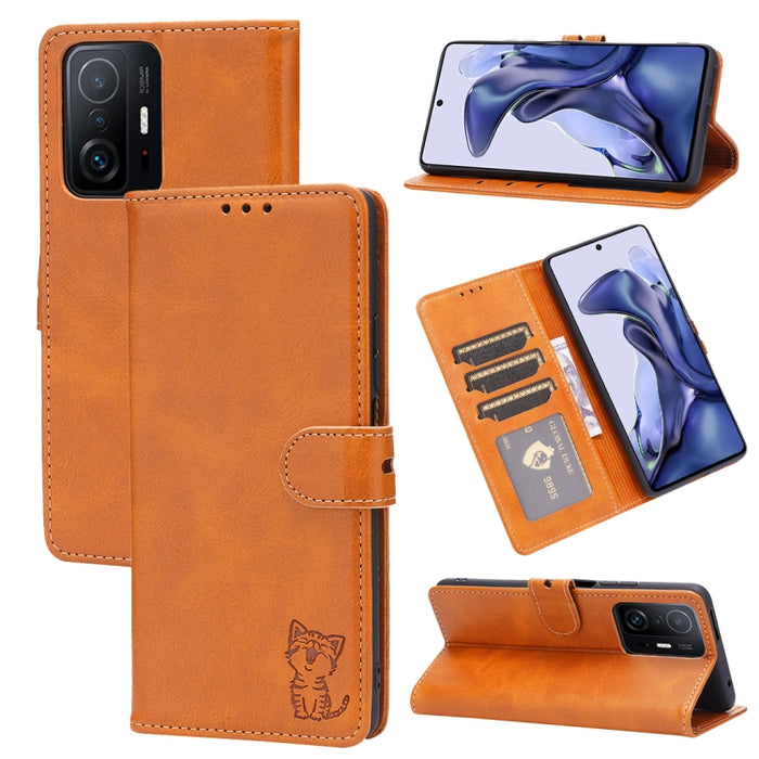 Estuche de cuero con tapa horizontal con patrón de gato feliz en relieve con soporte y ranuras para tarjetas y billetera, For Xiaomi Redmi Note 10 Pro 5G, For Xiaomi Redmi 10, For Xiaomi Mi 11, For Xiaomi Mi 11T, For Xiaomi Mi 11 Ultra                 ...