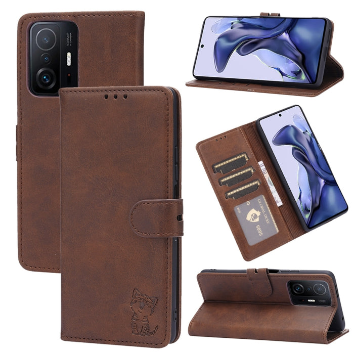 Estuche de cuero con tapa horizontal con patrón de gato feliz en relieve con soporte y ranuras para tarjetas y billetera, For Xiaomi Redmi Note 10 Pro 5G, For Xiaomi Redmi 10, For Xiaomi Mi 11, For Xiaomi Mi 11T, For Xiaomi Mi 11 Ultra                 ...