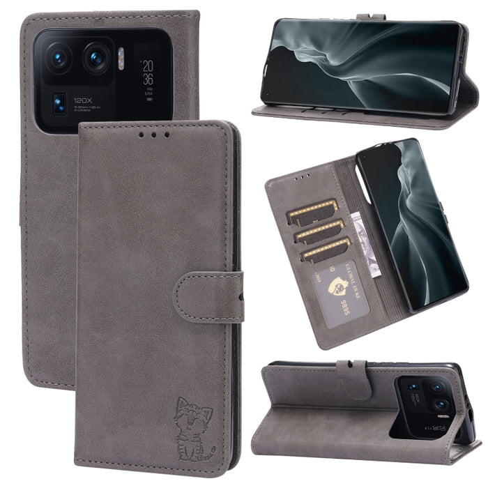 Estuche de cuero con tapa horizontal con patrón de gato feliz en relieve con soporte y ranuras para tarjetas y billetera, For Xiaomi Redmi Note 10 Pro 5G, For Xiaomi Redmi 10, For Xiaomi Mi 11, For Xiaomi Mi 11T, For Xiaomi Mi 11 Ultra                 ...
