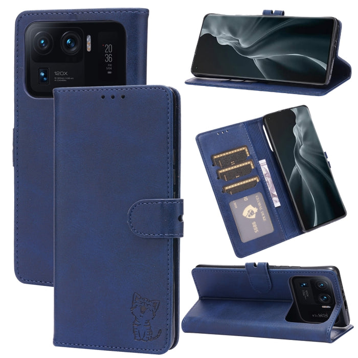Estuche de cuero con tapa horizontal con patrón de gato feliz en relieve con soporte y ranuras para tarjetas y billetera, For Xiaomi Redmi Note 10 Pro 5G, For Xiaomi Redmi 10, For Xiaomi Mi 11, For Xiaomi Mi 11T, For Xiaomi Mi 11 Ultra                 ...