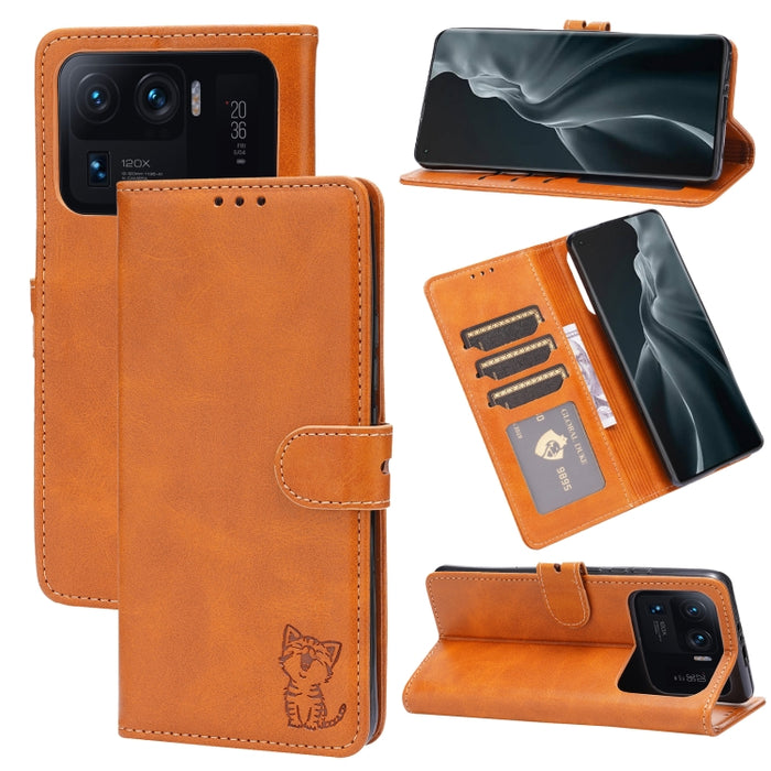 Estuche de cuero con tapa horizontal con patrón de gato feliz en relieve con soporte y ranuras para tarjetas y billetera, For Xiaomi Redmi Note 10 Pro 5G, For Xiaomi Redmi 10, For Xiaomi Mi 11, For Xiaomi Mi 11T, For Xiaomi Mi 11 Ultra                 ...