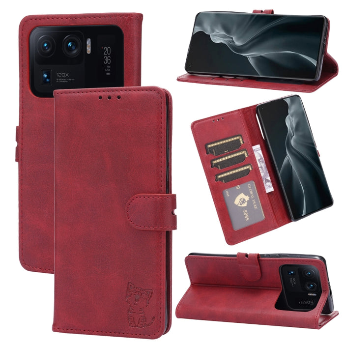 Estuche de cuero con tapa horizontal con patrón de gato feliz en relieve con soporte y ranuras para tarjetas y billetera, For Xiaomi Redmi Note 10 Pro 5G, For Xiaomi Redmi 10, For Xiaomi Mi 11, For Xiaomi Mi 11T, For Xiaomi Mi 11 Ultra                 ...