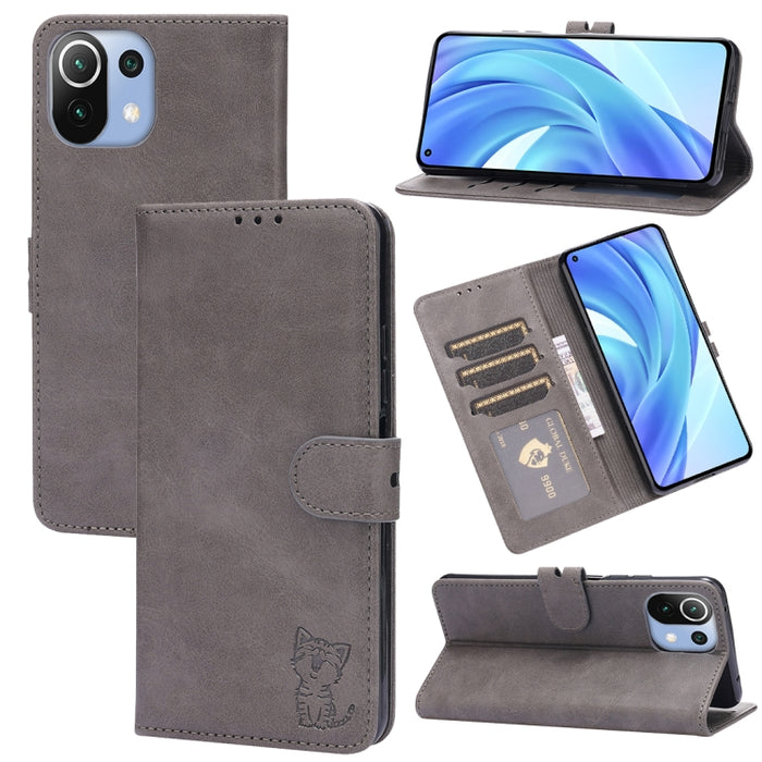 Estuche de cuero con tapa horizontal con patrón de gato feliz en relieve con soporte y ranuras para tarjetas y billetera, For Xiaomi Redmi Note 10 Pro 5G, For Xiaomi Redmi 10, For Xiaomi Mi 11, For Xiaomi Mi 11T, For Xiaomi Mi 11 Ultra                 ...