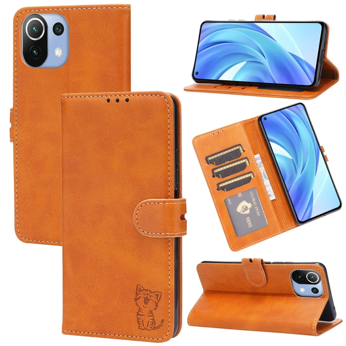 Estuche de cuero con tapa horizontal con patrón de gato feliz en relieve con soporte y ranuras para tarjetas y billetera, For Xiaomi Redmi Note 10 Pro 5G, For Xiaomi Redmi 10, For Xiaomi Mi 11, For Xiaomi Mi 11T, For Xiaomi Mi 11 Ultra                 ...