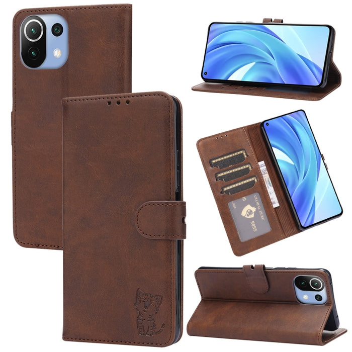 Estuche de cuero con tapa horizontal con patrón de gato feliz en relieve con soporte y ranuras para tarjetas y billetera, For Xiaomi Redmi Note 10 Pro 5G, For Xiaomi Redmi 10, For Xiaomi Mi 11, For Xiaomi Mi 11T, For Xiaomi Mi 11 Ultra                 ...