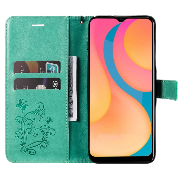 Estuche de cuero de PU con tapa horizontal y patrón de mariposa estampado prensado con soporte y ranuras para tarjetas y billetera y cordón, For vivo Y20 / Y20a / Y20s, For vivo Y21 2021 / Y21s / Y33s, For Xiaomi Mi 11T / 11T Pro