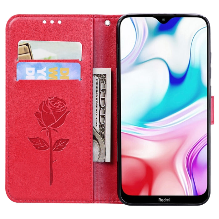 Estuche de cuero de PU con tapa horizontal en relieve rosa para Galaxy A10, con soporte y ranuras para tarjetas y billetera, For Xiaomi Redmi 8, For Xiaomi Redmi Note 8, For Xiaomi Redmi Note 8 Pro, For Galaxy A10s, For Galaxy A20s