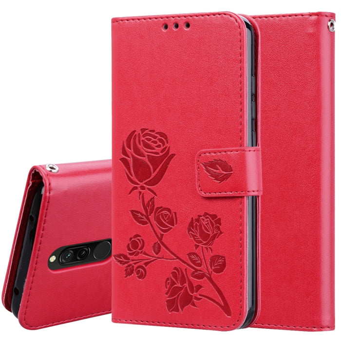 Estuche de cuero de PU con tapa horizontal en relieve rosa para Galaxy A10, con soporte y ranuras para tarjetas y billetera, For Xiaomi Redmi 8, For Xiaomi Redmi Note 8, For Xiaomi Redmi Note 8 Pro, For Galaxy A10s, For Galaxy A20s
