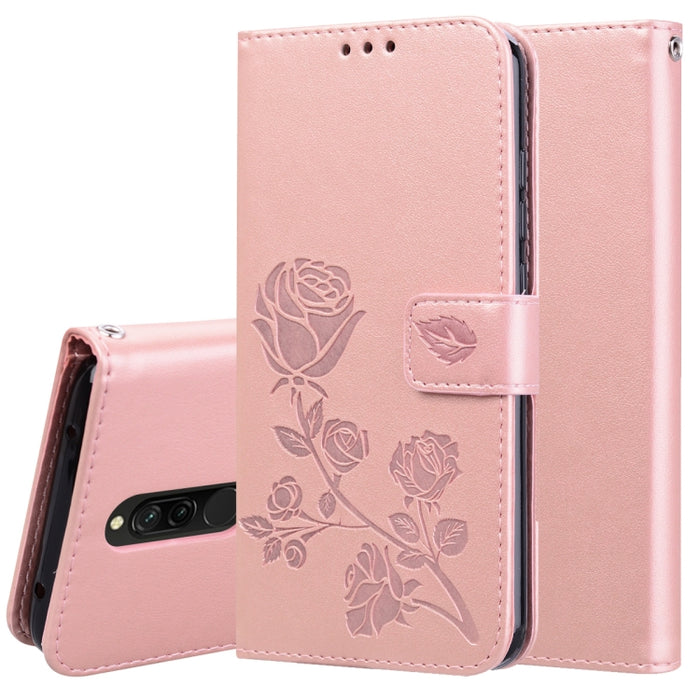 Estuche de cuero de PU con tapa horizontal en relieve rosa para Galaxy A10, con soporte y ranuras para tarjetas y billetera, For Xiaomi Redmi 8, For Xiaomi Redmi Note 8, For Xiaomi Redmi Note 8 Pro, For Galaxy A10s, For Galaxy A20s