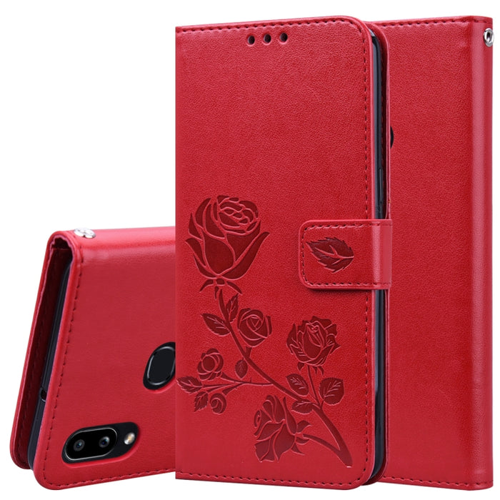 Estuche de cuero de PU con tapa horizontal en relieve rosa para Galaxy A10, con soporte y ranuras para tarjetas y billetera, For Xiaomi Redmi 8, For Xiaomi Redmi Note 8, For Xiaomi Redmi Note 8 Pro, For Galaxy A10s, For Galaxy A20s