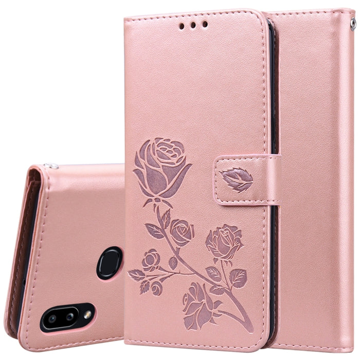 Estuche de cuero de PU con tapa horizontal en relieve rosa para Galaxy A10, con soporte y ranuras para tarjetas y billetera, For Xiaomi Redmi 8, For Xiaomi Redmi Note 8, For Xiaomi Redmi Note 8 Pro, For Galaxy A10s, For Galaxy A20s