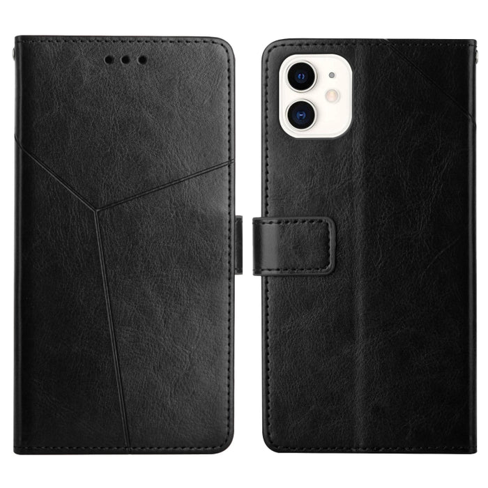 Estuche para teléfono de cuero con tapa horizontal y costuras en Y con soporte y ranuras para tarjetas y billetera y marco de fotos
