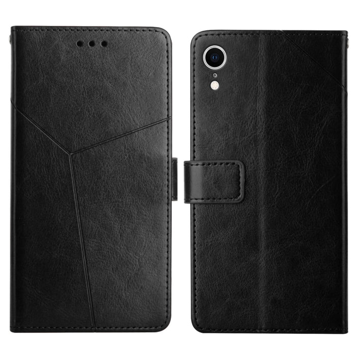 Estuche para teléfono de cuero con tapa horizontal y costuras en Y con soporte y ranuras para tarjetas y billetera y marco de fotos