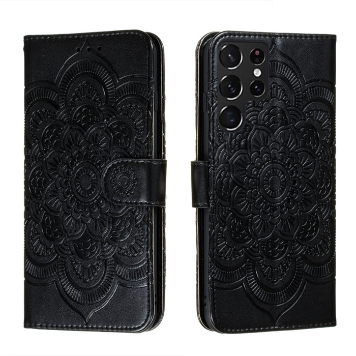 Estuche de cuero para teléfono con patrón en relieve Sun Mandala con soporte y ranuras para tarjetas y billetera y cordón, For Samsung Galaxy S22 5G, For Samsung Galaxy S22 Ultra 5G, For Samsung Galaxy S22+ 5G, For Xiaomi Redmi Note 11                 ...
