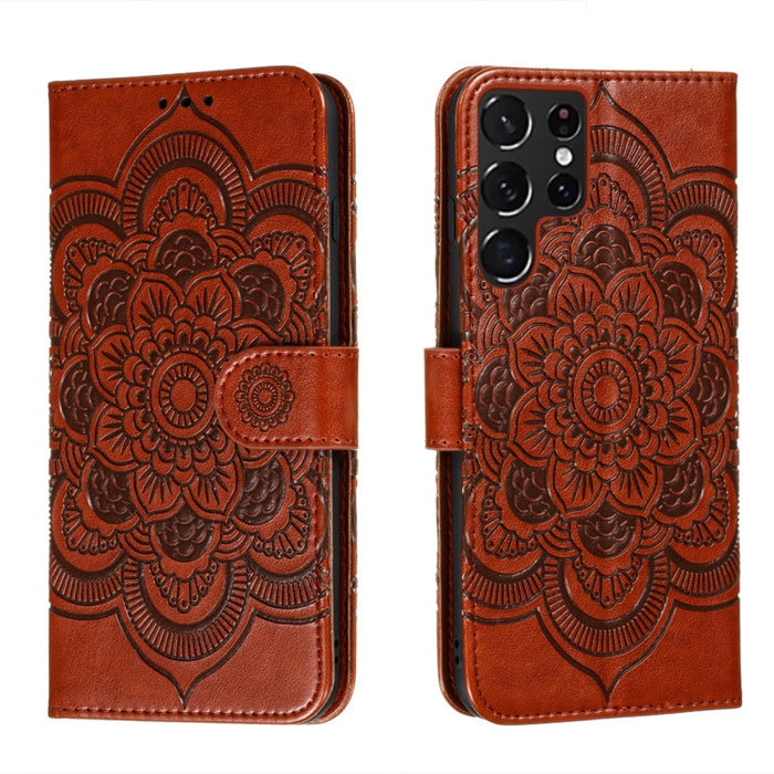 Estuche de cuero para teléfono con patrón en relieve Sun Mandala con soporte y ranuras para tarjetas y billetera y cordón, For Samsung Galaxy S22 5G, For Samsung Galaxy S22 Ultra 5G, For Samsung Galaxy S22+ 5G, For Xiaomi Redmi Note 11                 ...
