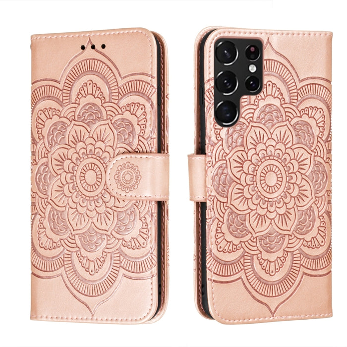 Estuche de cuero para teléfono con patrón en relieve Sun Mandala con soporte y ranuras para tarjetas y billetera y cordón, For Samsung Galaxy S22 5G, For Samsung Galaxy S22 Ultra 5G, For Samsung Galaxy S22+ 5G, For Xiaomi Redmi Note 11                 ...