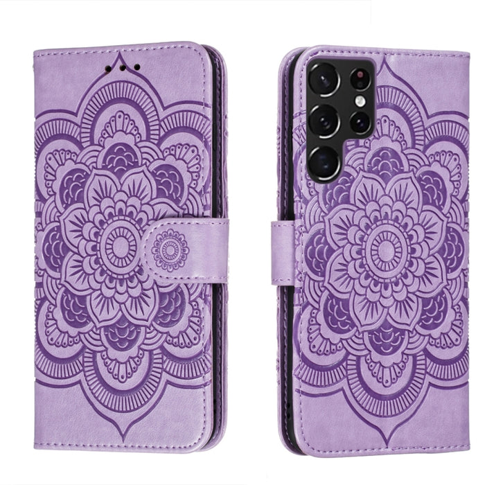 Estuche de cuero para teléfono con patrón en relieve Sun Mandala con soporte y ranuras para tarjetas y billetera y cordón, For Samsung Galaxy S22 5G, For Samsung Galaxy S22 Ultra 5G, For Samsung Galaxy S22+ 5G, For Xiaomi Redmi Note 11                 ...