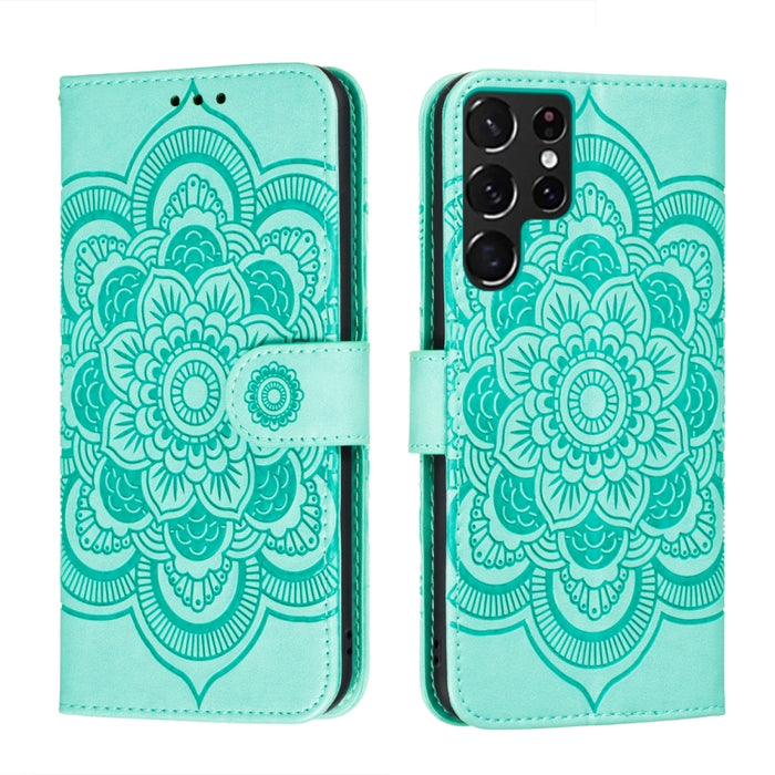Estuche de cuero para teléfono con patrón en relieve Sun Mandala con soporte y ranuras para tarjetas y billetera y cordón, For Samsung Galaxy S22 5G, For Samsung Galaxy S22 Ultra 5G, For Samsung Galaxy S22+ 5G, For Xiaomi Redmi Note 11                 ...