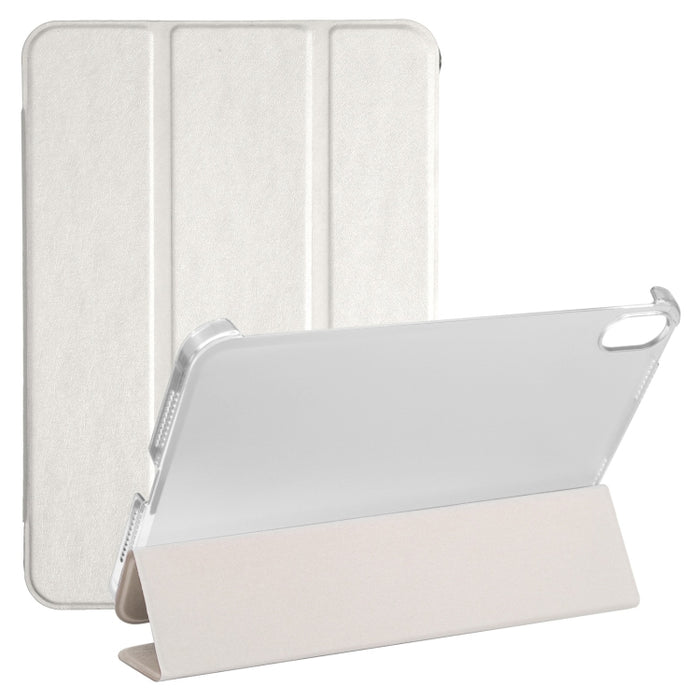 Estuche para tableta de cuero con tres pliegues horizontales y textura de seda con soporte