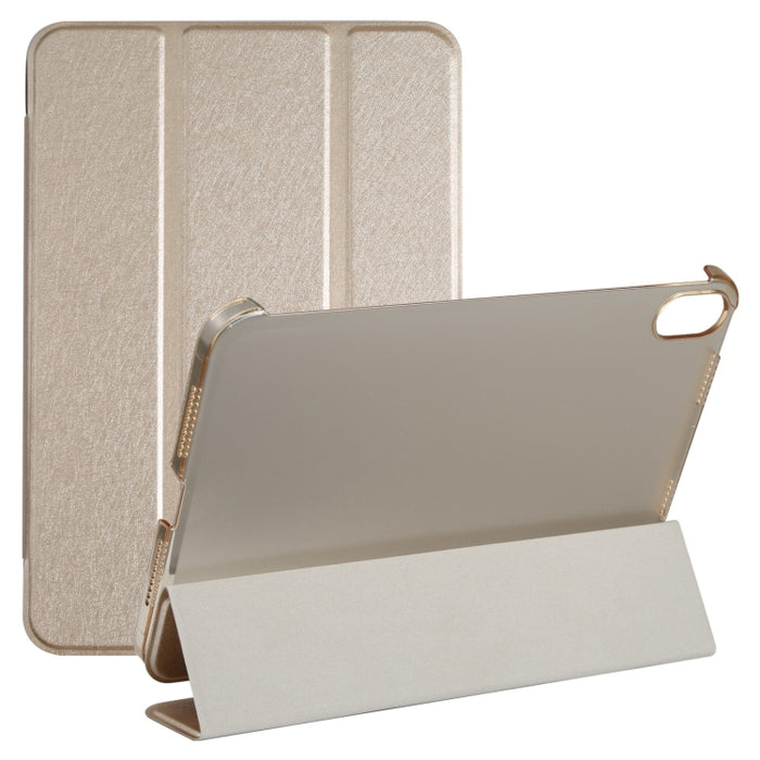 Estuche para tableta de cuero con tres pliegues horizontales y textura de seda con soporte