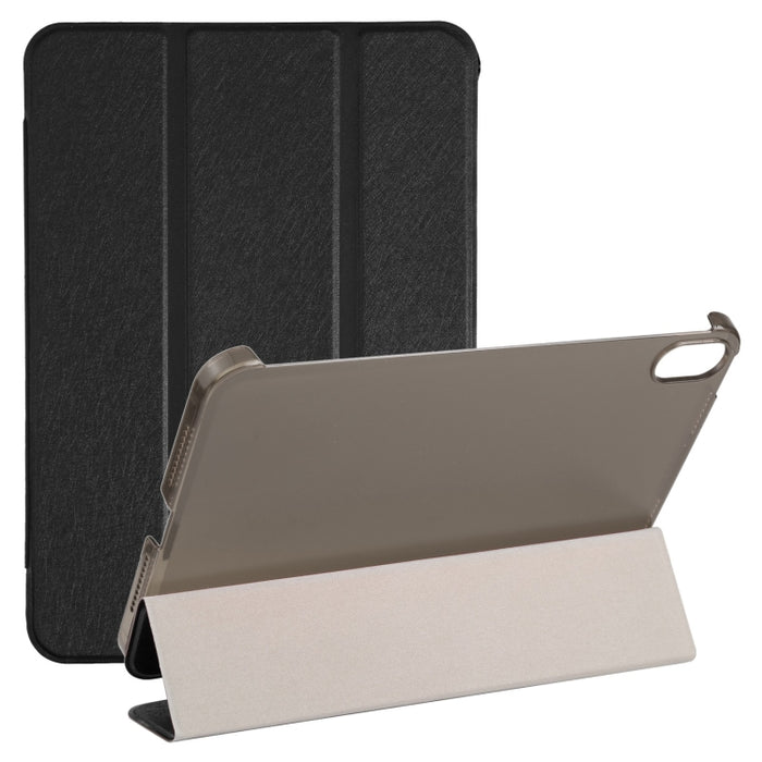 Estuche para tableta de cuero con tres pliegues horizontales y textura de seda con soporte