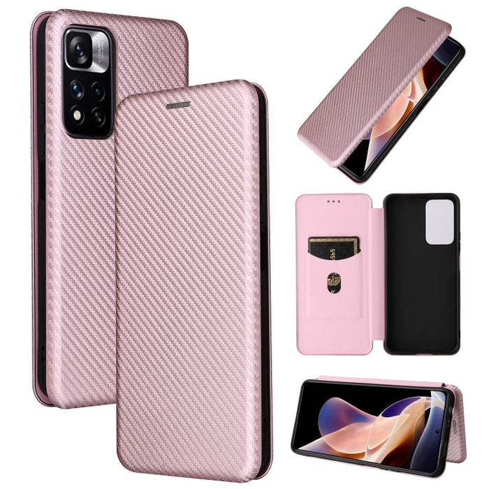 Caja del teléfono de la PU del tirón horizontal magnético de la textura de la fibra de carbono, For Xiaomi Redmi Note 11 Pro / Note 11 Pro+, For ZTE Blade V30