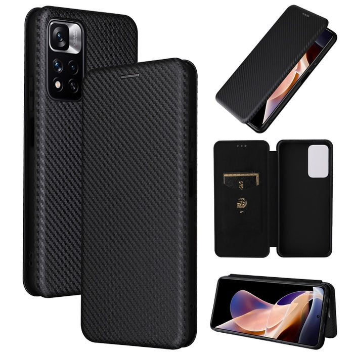 Caja del teléfono de la PU del tirón horizontal magnético de la textura de la fibra de carbono, For Xiaomi Redmi Note 11 Pro / Note 11 Pro+, For ZTE Blade V30