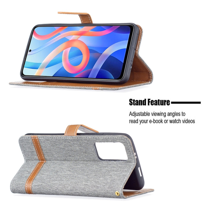Estuche para teléfono de cuero con textura de mezclilla a juego con soporte y ranuras para tarjetas y billetera y cordón, For Xiaomi Redmi Note 11 5G