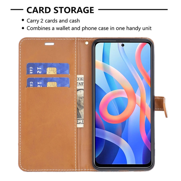 Estuche para teléfono de cuero con textura de mezclilla a juego con soporte y ranuras para tarjetas y billetera y cordón, For Xiaomi Redmi Note 11 5G