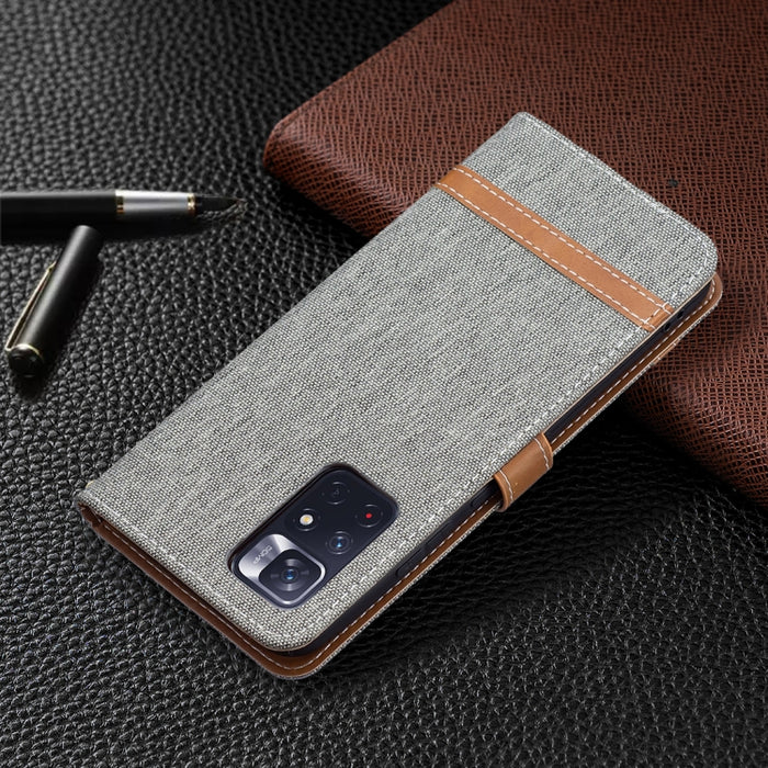 Estuche para teléfono de cuero con textura de mezclilla a juego con soporte y ranuras para tarjetas y billetera y cordón, For Xiaomi Redmi Note 11 5G