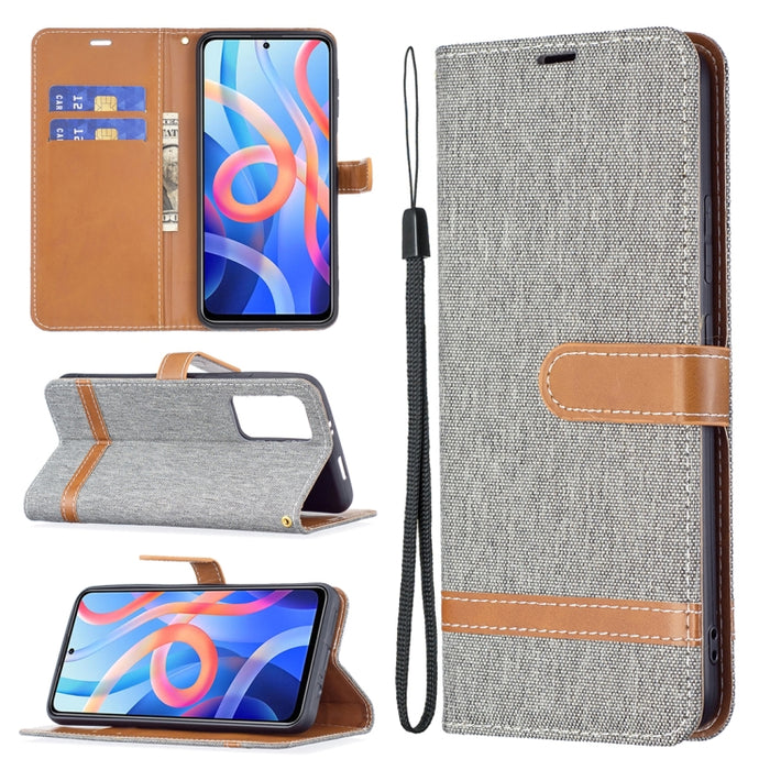 Estuche para teléfono de cuero con textura de mezclilla a juego con soporte y ranuras para tarjetas y billetera y cordón, For Xiaomi Redmi Note 11 5G