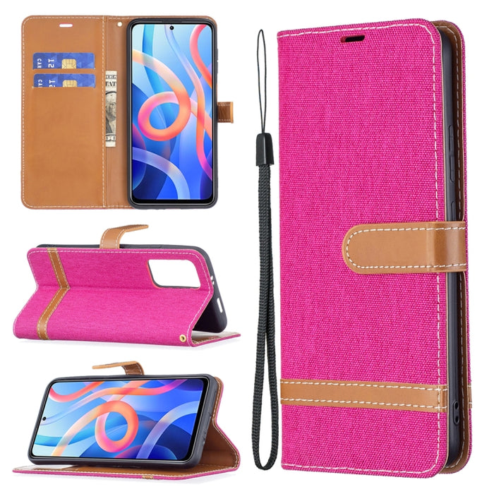 Estuche para teléfono de cuero con textura de mezclilla a juego con soporte y ranuras para tarjetas y billetera y cordón, For Xiaomi Redmi Note 11 5G