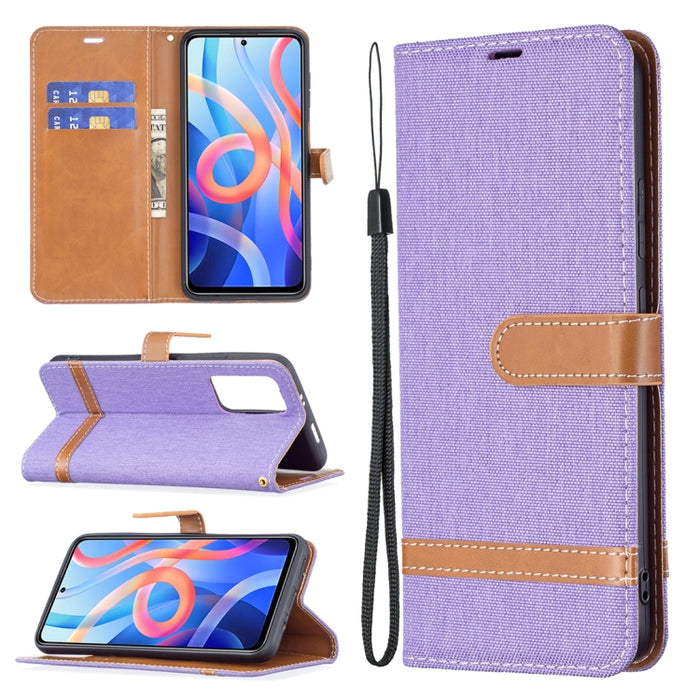 Estuche para teléfono de cuero con textura de mezclilla a juego con soporte y ranuras para tarjetas y billetera y cordón, For Xiaomi Redmi Note 11 5G