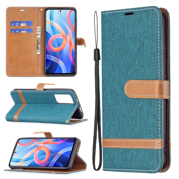 Estuche para teléfono de cuero con textura de mezclilla a juego con soporte y ranuras para tarjetas y billetera y cordón, For Xiaomi Redmi Note 11 5G