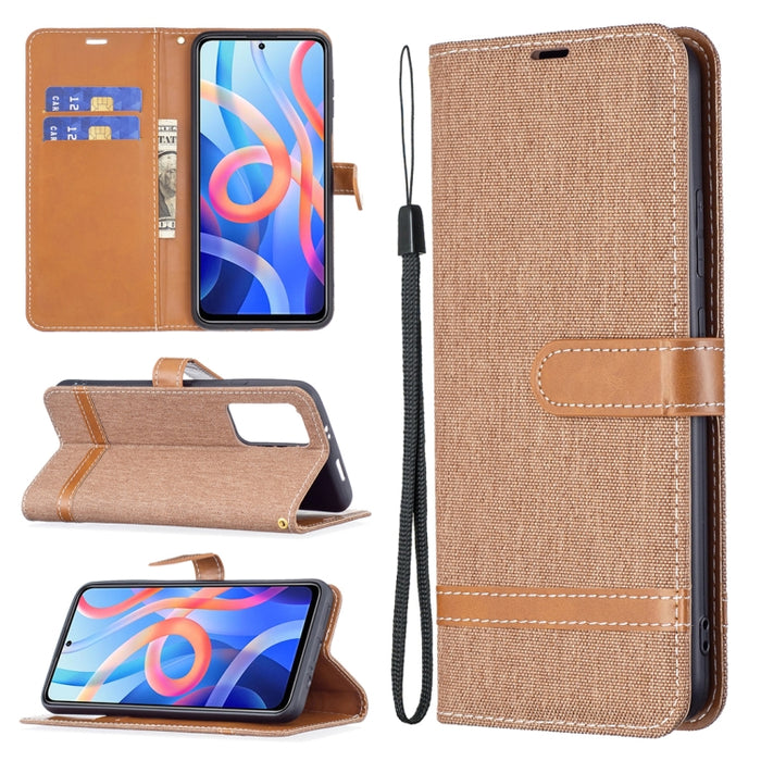 Estuche para teléfono de cuero con textura de mezclilla a juego con soporte y ranuras para tarjetas y billetera y cordón, For Xiaomi Redmi Note 11 5G