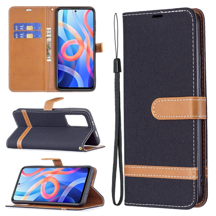 Estuche para teléfono de cuero con textura de mezclilla a juego con soporte y ranuras para tarjetas y billetera y cordón, For Xiaomi Redmi Note 11 5G