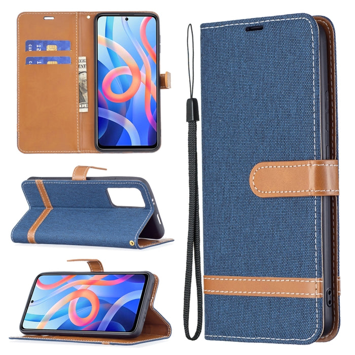 Estuche para teléfono de cuero con textura de mezclilla a juego con soporte y ranuras para tarjetas y billetera y cordón, For Xiaomi Redmi Note 11 5G
