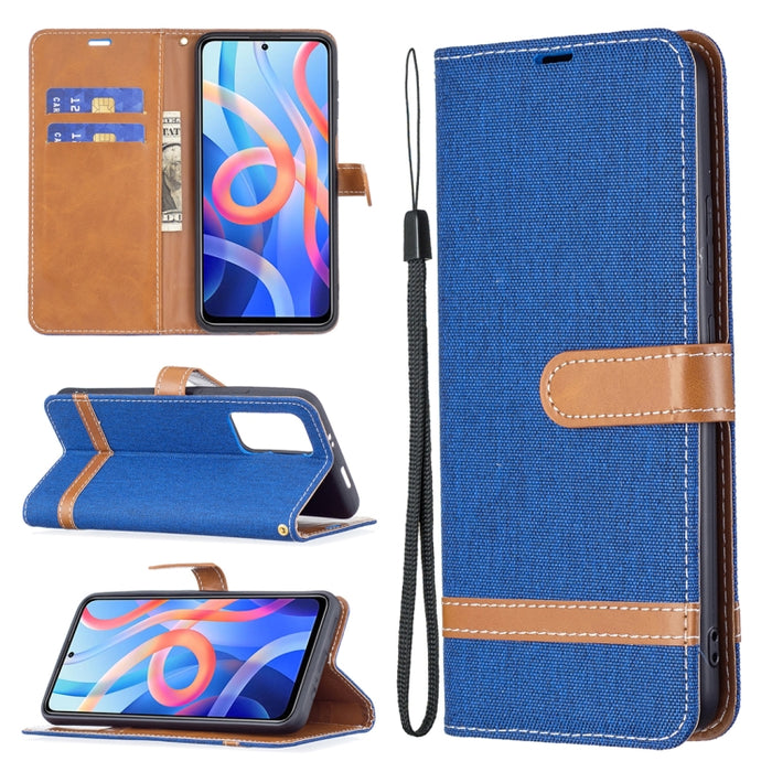 Estuche para teléfono de cuero con textura de mezclilla a juego con soporte y ranuras para tarjetas y billetera y cordón, For Xiaomi Redmi Note 11 5G